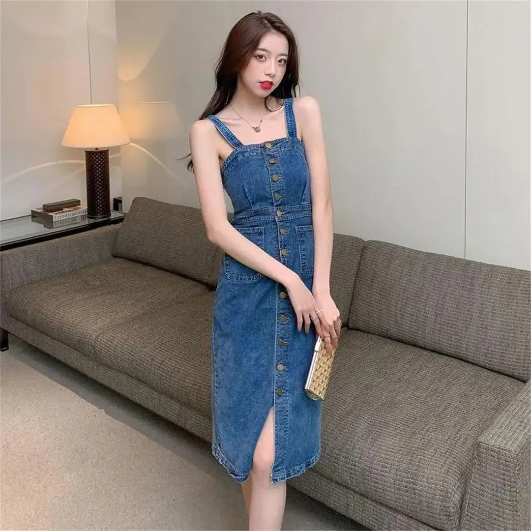 Women's Denim Suspender Single Breasted Waist Slimming Mid Length Jeans Dress