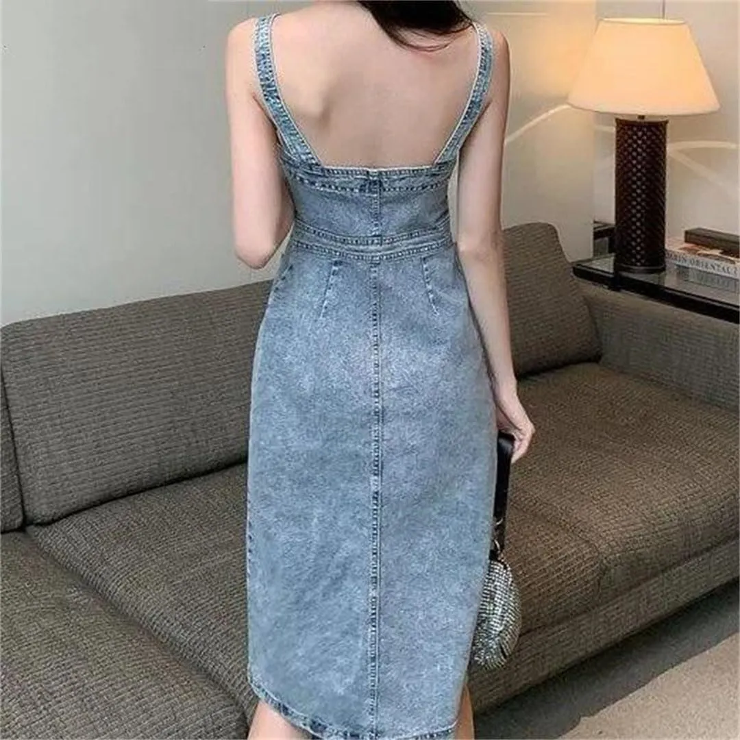 Women's Denim Suspender Single Breasted Waist Slimming Mid Length Jeans Dress