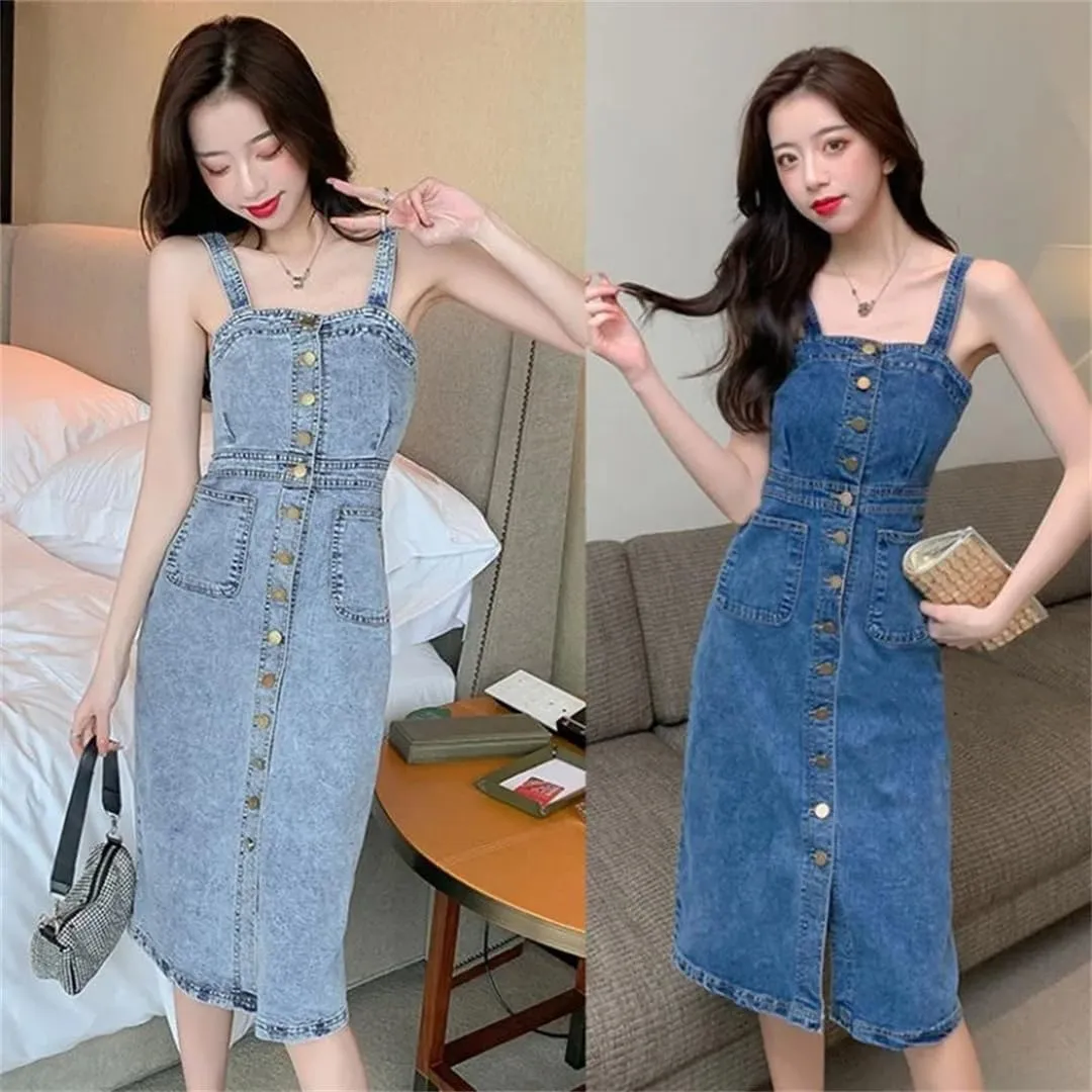 Women's Denim Suspender Single Breasted Waist Slimming Mid Length Jeans Dress