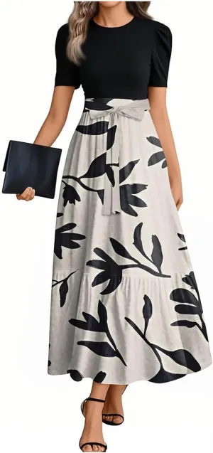 Women's Elegant Floral Maxi Dress Short Sleeve High Waist Casual Summer Long Dresses with Pockets