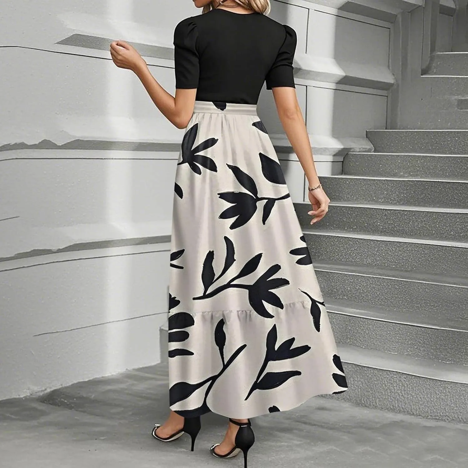 Women's Elegant Floral Maxi Dress Short Sleeve High Waist Casual Summer Long Dresses with Pockets