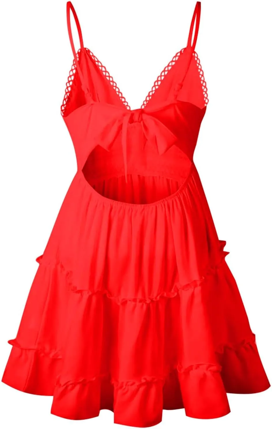 Women's Floral Lace Crochet V Neck Sleeveless Ruffle Mini Dress Sexy Backless Bow A-Line Swing Short Beach Sundress