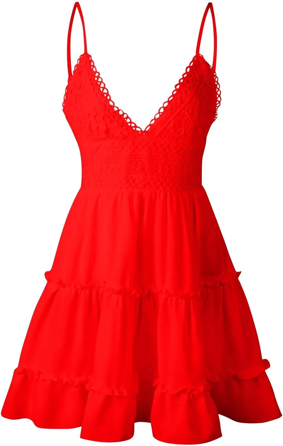 Women's Floral Lace Crochet V Neck Sleeveless Ruffle Mini Dress Sexy Backless Bow A-Line Swing Short Beach Sundress