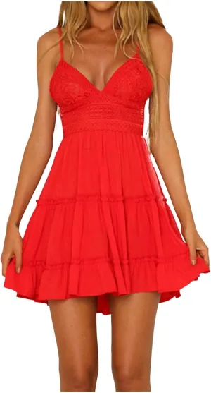 Women's Floral Lace Crochet V Neck Sleeveless Ruffle Mini Dress Sexy Backless Bow A-Line Swing Short Beach Sundress