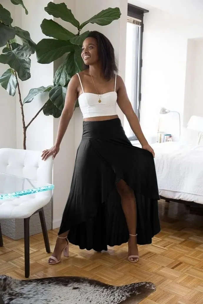 Womens High Waist Wrap Boho Maxi Skirt with Slit Flowy Pleated High Low Long Skirt