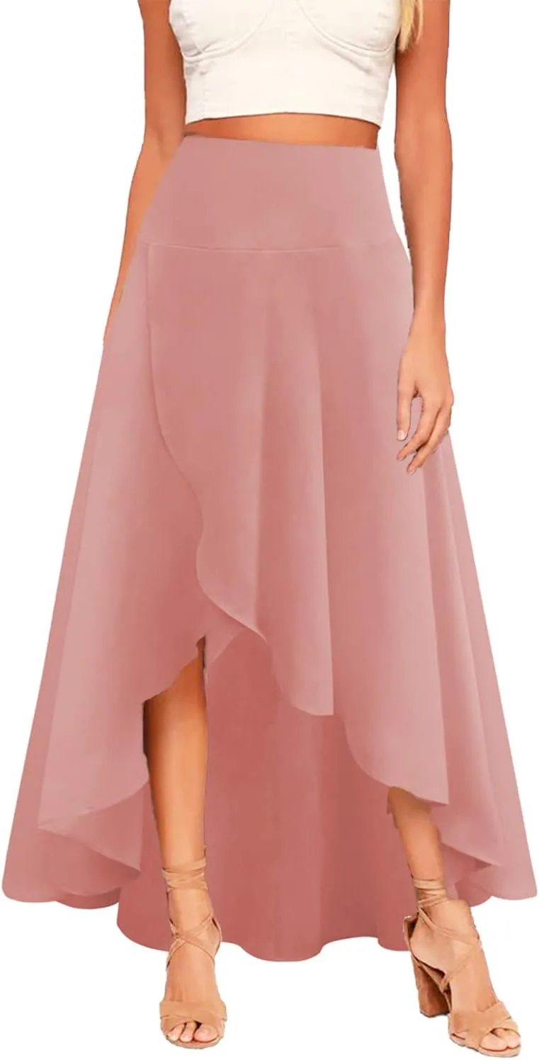 Womens High Waist Wrap Boho Maxi Skirt with Slit Flowy Pleated High Low Long Skirt