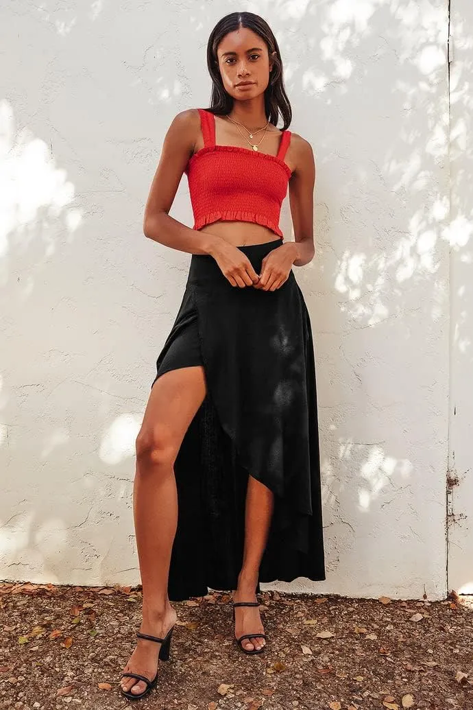 Womens High Waist Wrap Boho Maxi Skirt with Slit Flowy Pleated High Low Long Skirt
