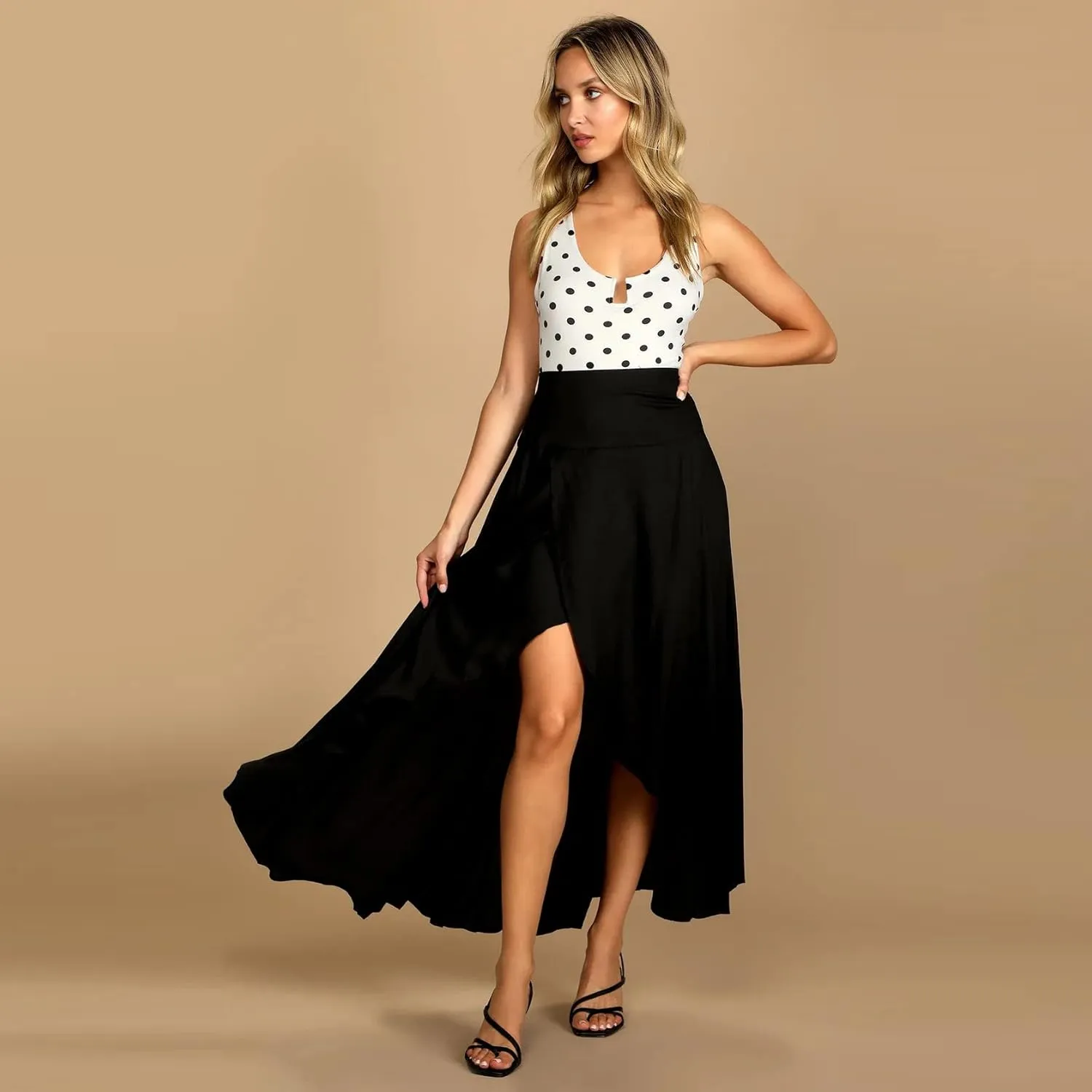 Womens High Waist Wrap Boho Maxi Skirt with Slit Flowy Pleated High Low Long Skirt