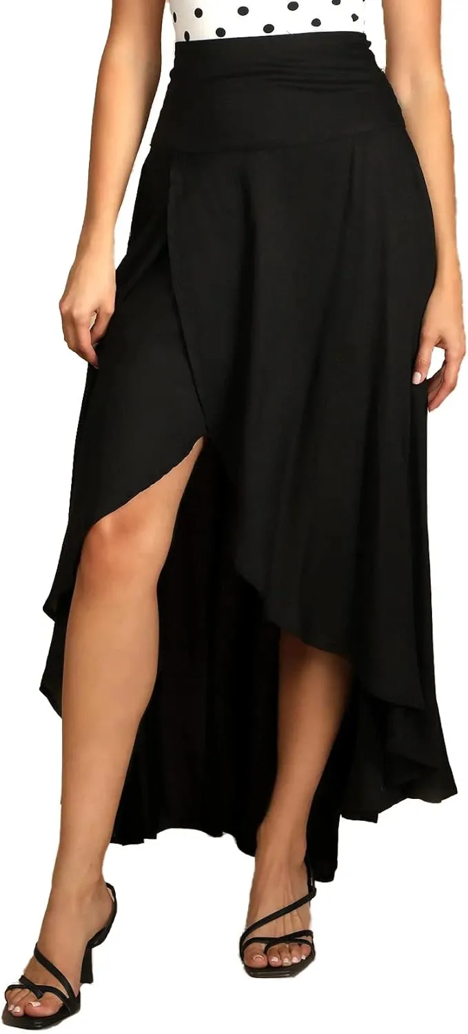 Womens High Waist Wrap Boho Maxi Skirt with Slit Flowy Pleated High Low Long Skirt