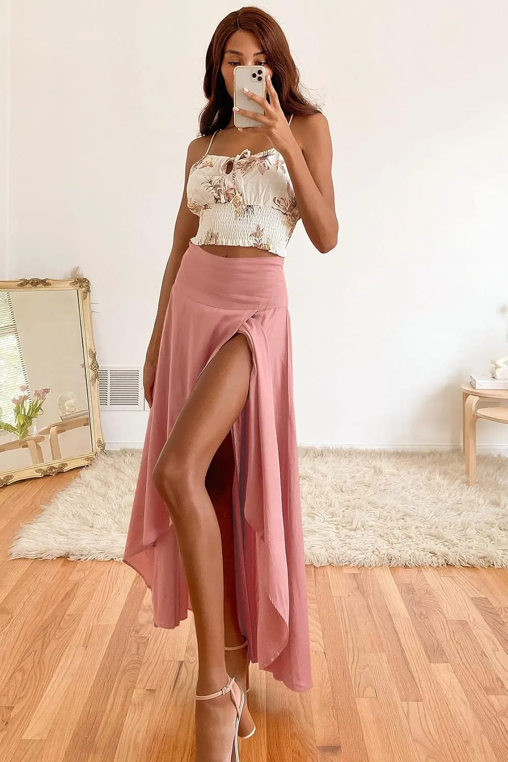 Womens High Waist Wrap Boho Maxi Skirt with Slit Flowy Pleated High Low Long Skirt