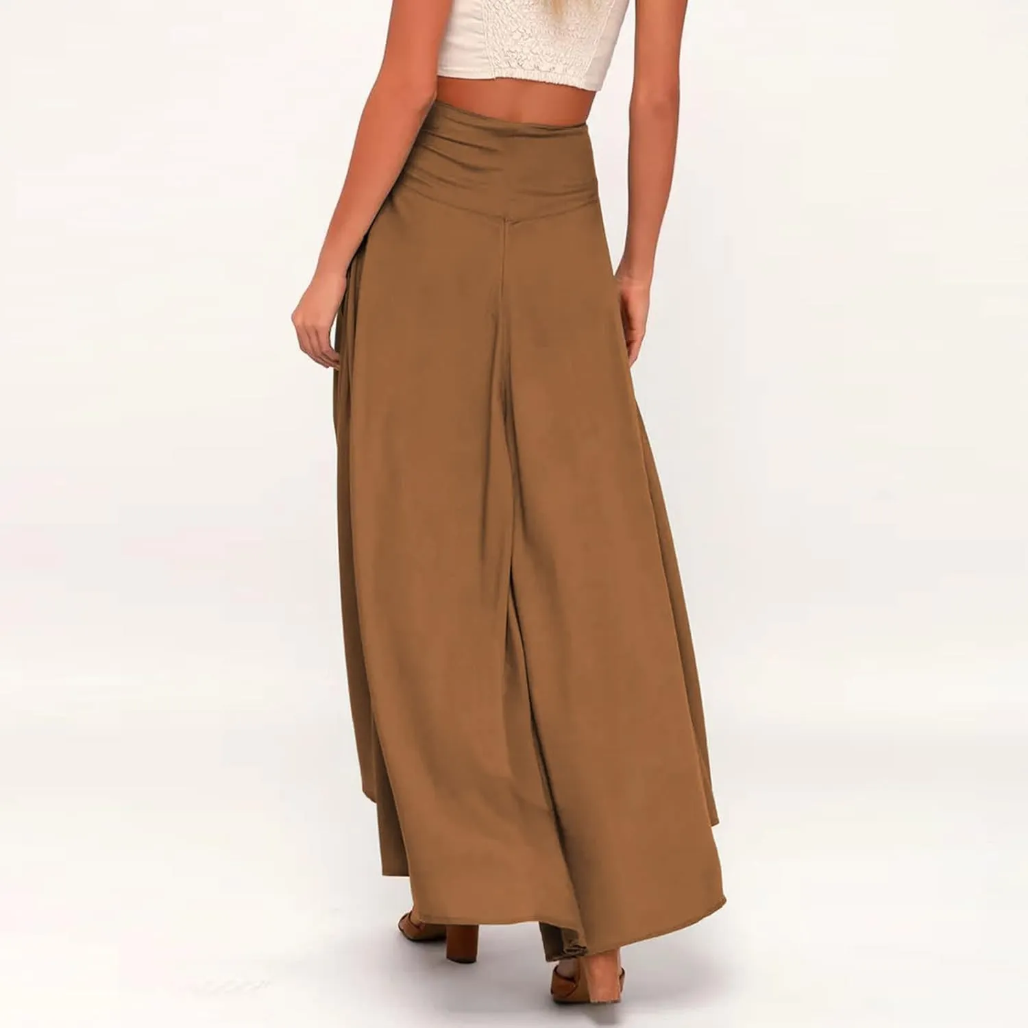 Womens High Waist Wrap Boho Maxi Skirt with Slit Flowy Pleated High Low Long Skirt