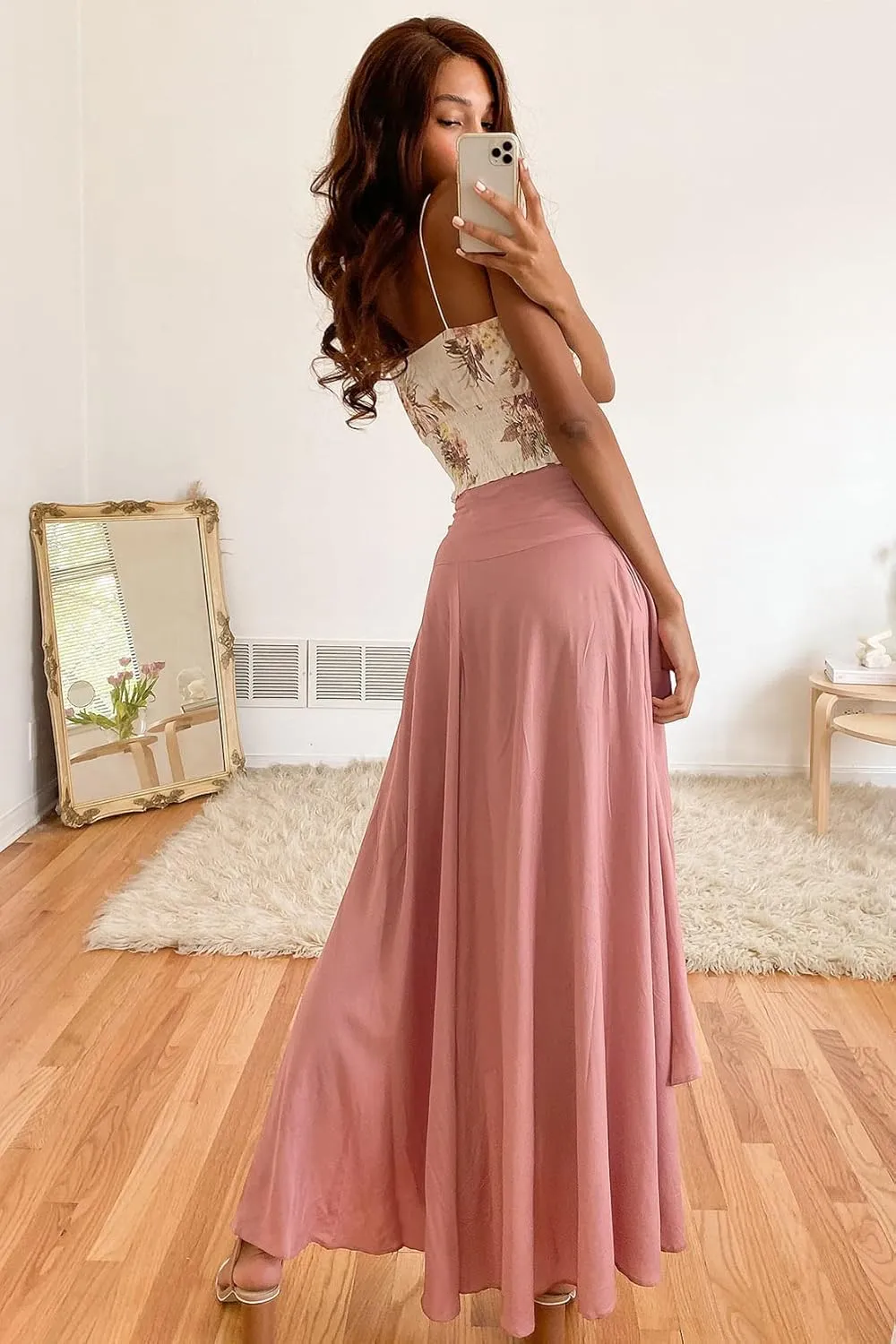 Womens High Waist Wrap Boho Maxi Skirt with Slit Flowy Pleated High Low Long Skirt
