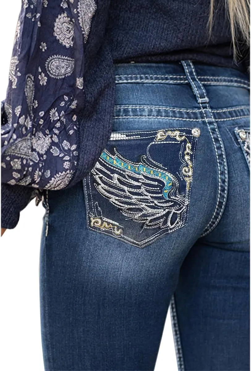 Women's Jeans Feather Flower Embroidery Mid Rise Stretchy Bootcut Slim Wide Leg Pants