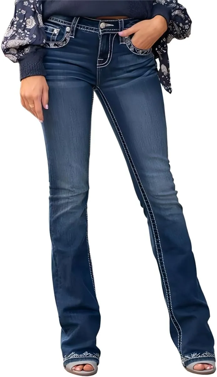 Women's Jeans Feather Flower Embroidery Mid Rise Stretchy Bootcut Slim Wide Leg Pants