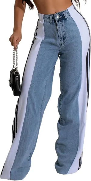 Womens Jeans High Waisted Wide Leg Striped Patchwork Color Block Stretchy Loose Straight Denim Pants