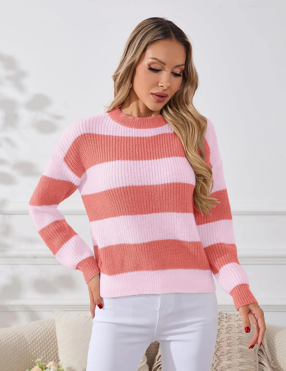 Womens Lightweight Oversized Cute Color Block Sweater Spring 2025 Trendy Waffle Knit Crew Neck Thin Pullover Tops