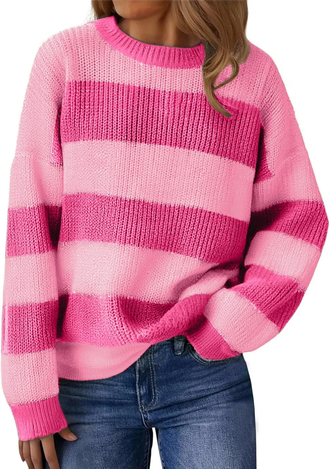 Womens Lightweight Oversized Cute Color Block Sweater Spring 2025 Trendy Waffle Knit Crew Neck Thin Pullover Tops