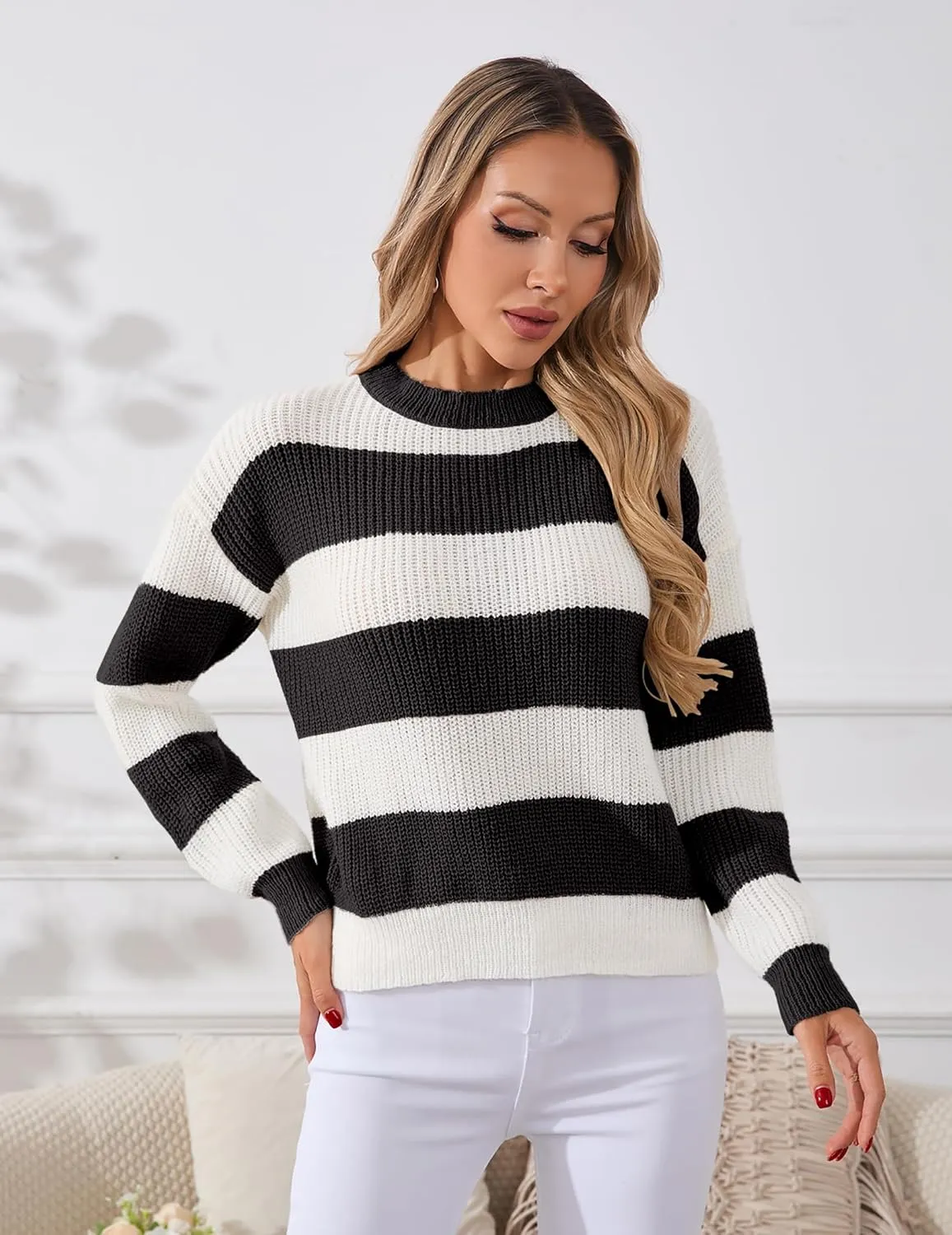 Womens Lightweight Oversized Cute Color Block Sweater Spring 2025 Trendy Waffle Knit Crew Neck Thin Pullover Tops