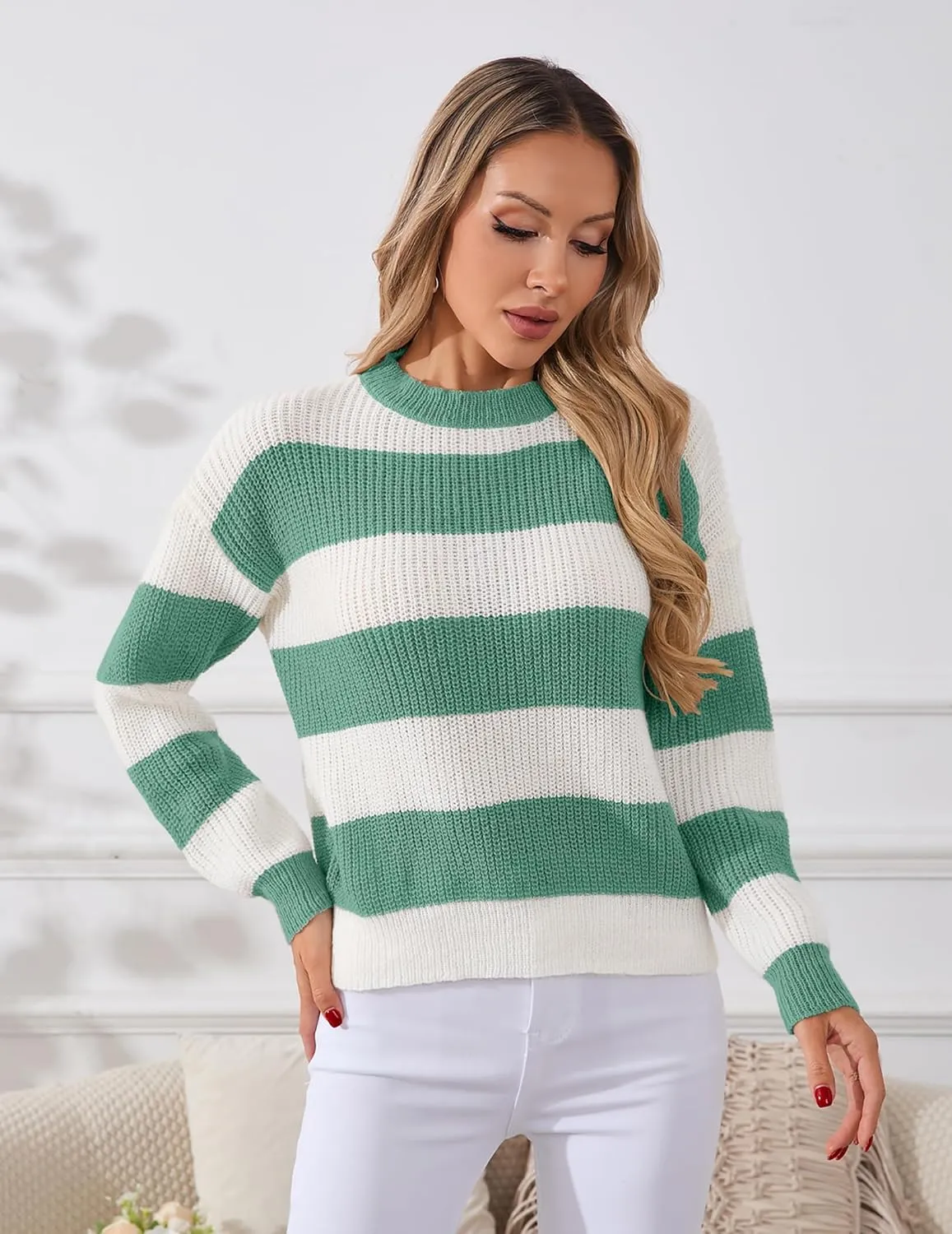 Womens Lightweight Oversized Cute Color Block Sweater Spring 2025 Trendy Waffle Knit Crew Neck Thin Pullover Tops