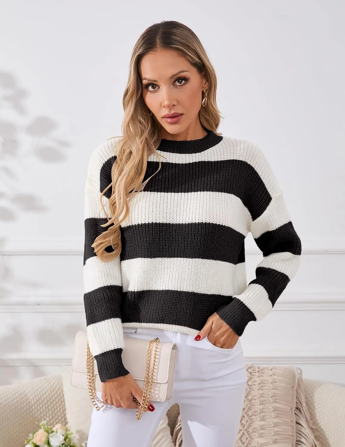 Womens Lightweight Oversized Cute Color Block Sweater Spring 2025 Trendy Waffle Knit Crew Neck Thin Pullover Tops