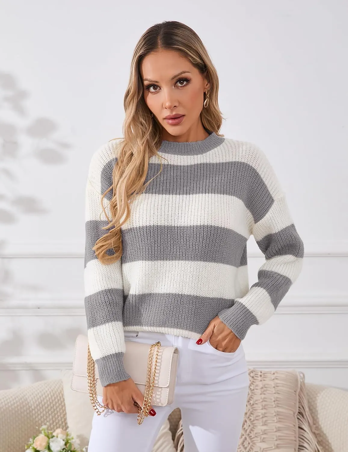Womens Lightweight Oversized Cute Color Block Sweater Spring 2025 Trendy Waffle Knit Crew Neck Thin Pullover Tops
