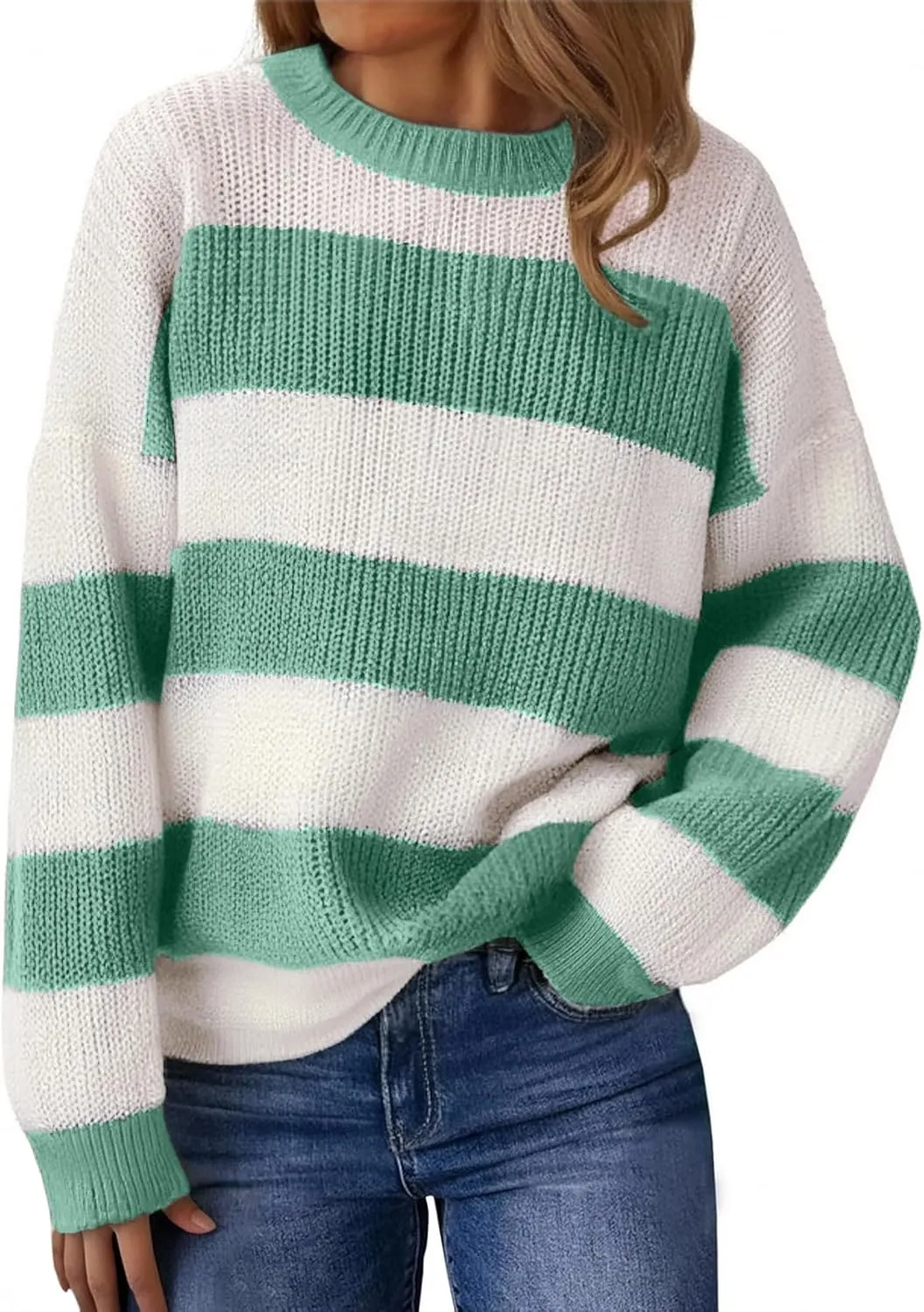 Womens Lightweight Oversized Cute Color Block Sweater Spring 2025 Trendy Waffle Knit Crew Neck Thin Pullover Tops