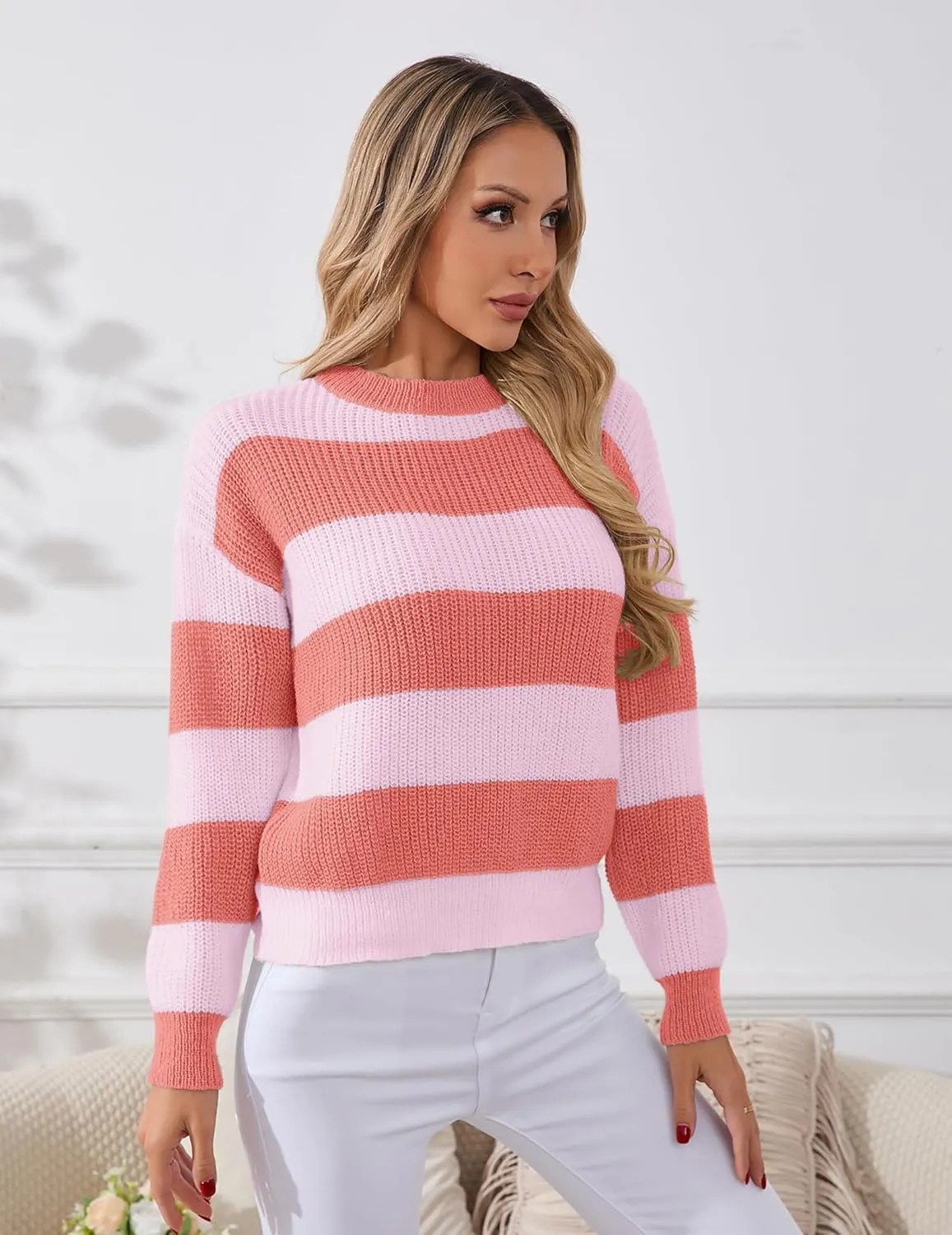 Womens Lightweight Oversized Cute Color Block Sweater Spring 2025 Trendy Waffle Knit Crew Neck Thin Pullover Tops