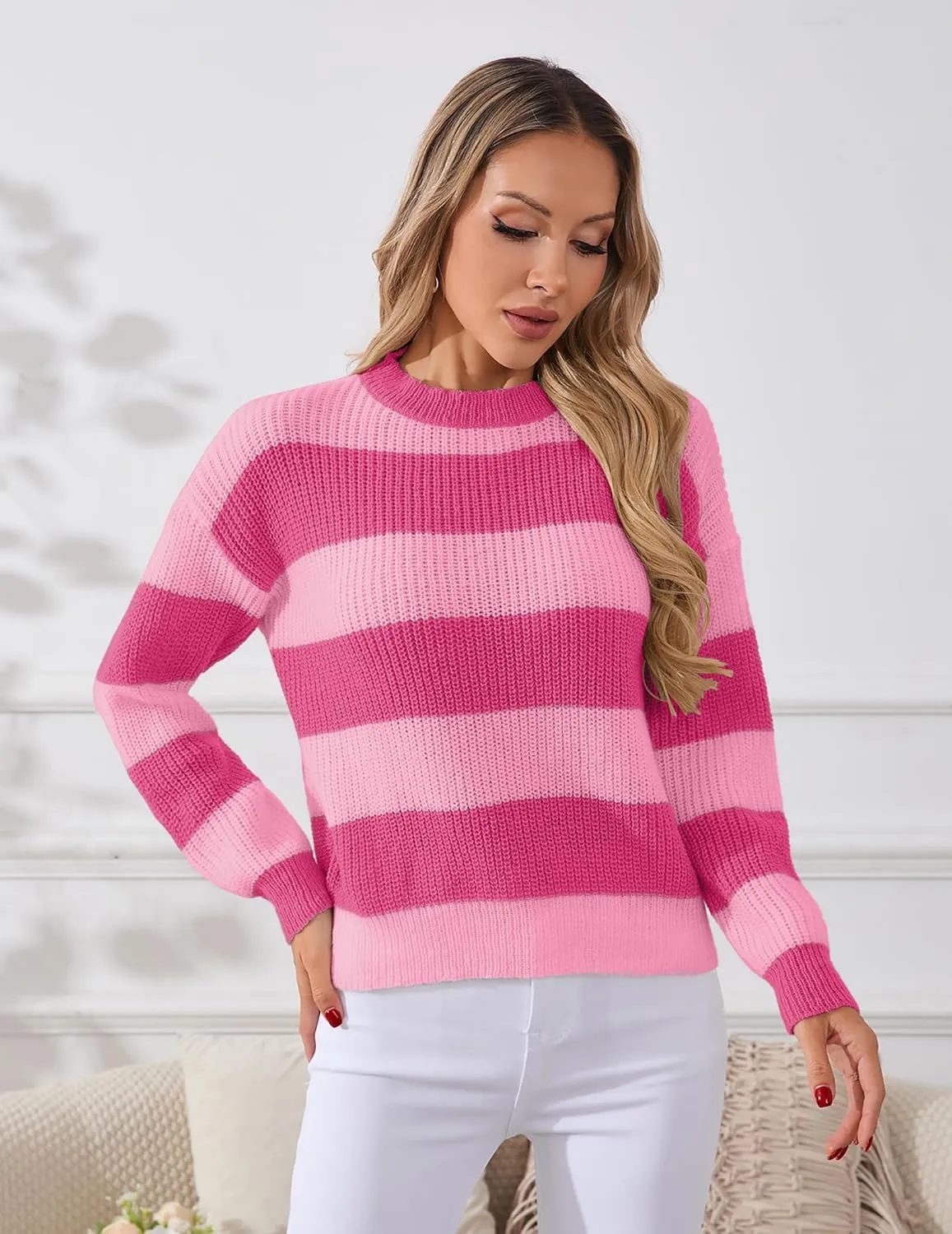Womens Lightweight Oversized Cute Color Block Sweater Spring 2025 Trendy Waffle Knit Crew Neck Thin Pullover Tops