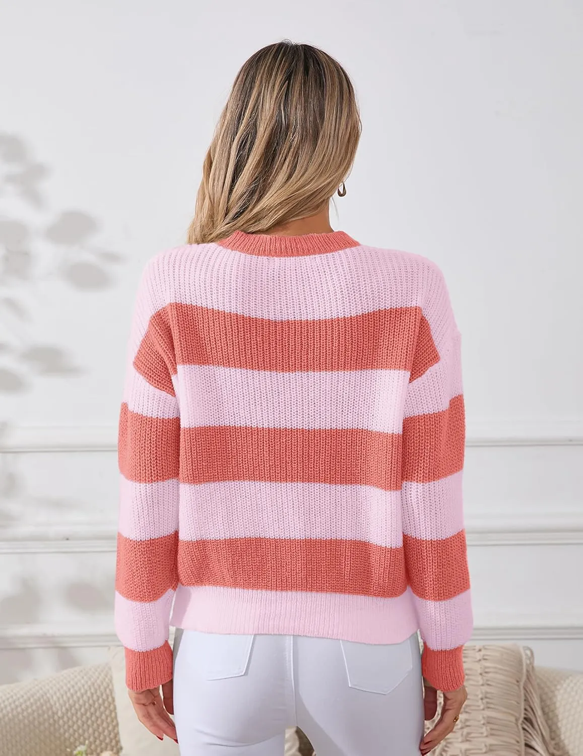 Womens Lightweight Oversized Cute Color Block Sweater Spring 2025 Trendy Waffle Knit Crew Neck Thin Pullover Tops