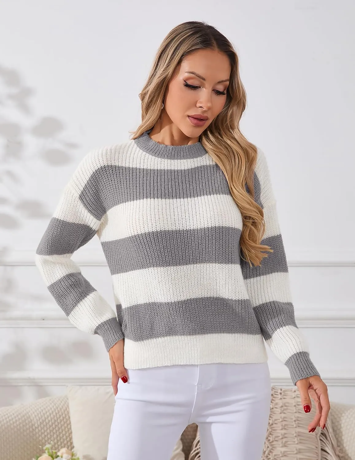 Womens Lightweight Oversized Cute Color Block Sweater Spring 2025 Trendy Waffle Knit Crew Neck Thin Pullover Tops