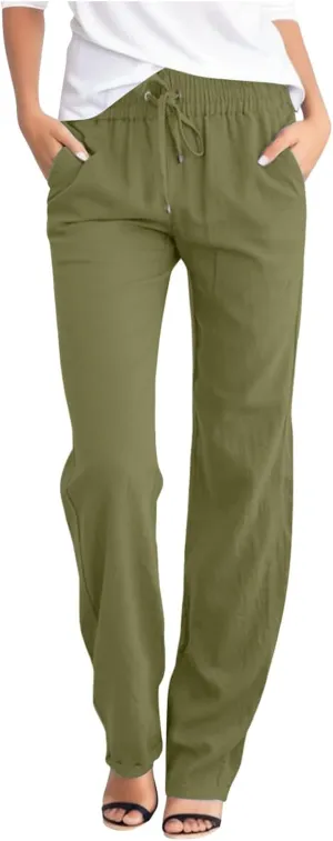 Womens Linen Blend Summer Cropped Pant Trousers Elastic Waisted Ankle Length Slim Fit Trousers Vacation