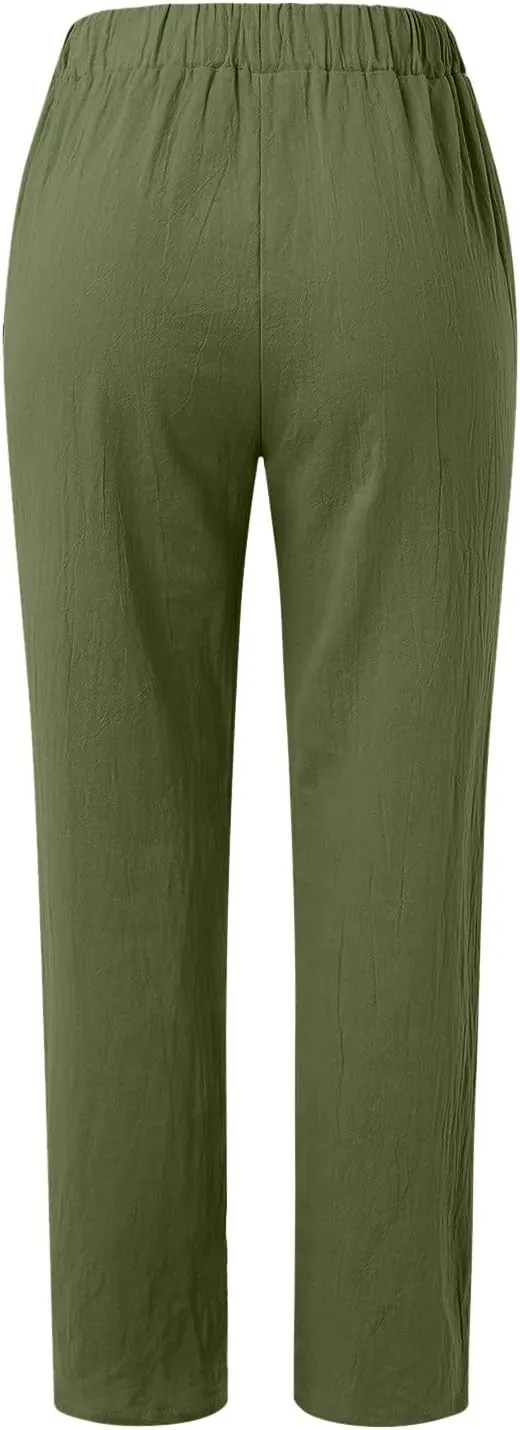 Womens Linen Blend Summer Y2K Streetwear Pants Elastic Waisted Baggy Stretchy Plus Size Trousers Beach