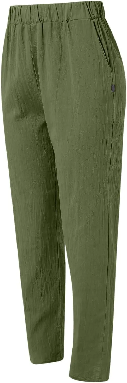 Womens Linen Blend Summer Y2K Streetwear Pants Elastic Waisted Baggy Stretchy Plus Size Trousers Beach