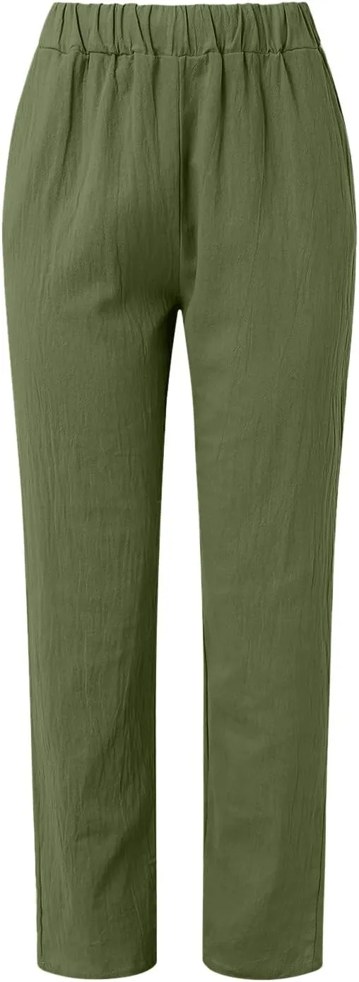 Womens Linen Blend Summer Y2K Streetwear Pants Elastic Waisted Baggy Stretchy Plus Size Trousers Beach