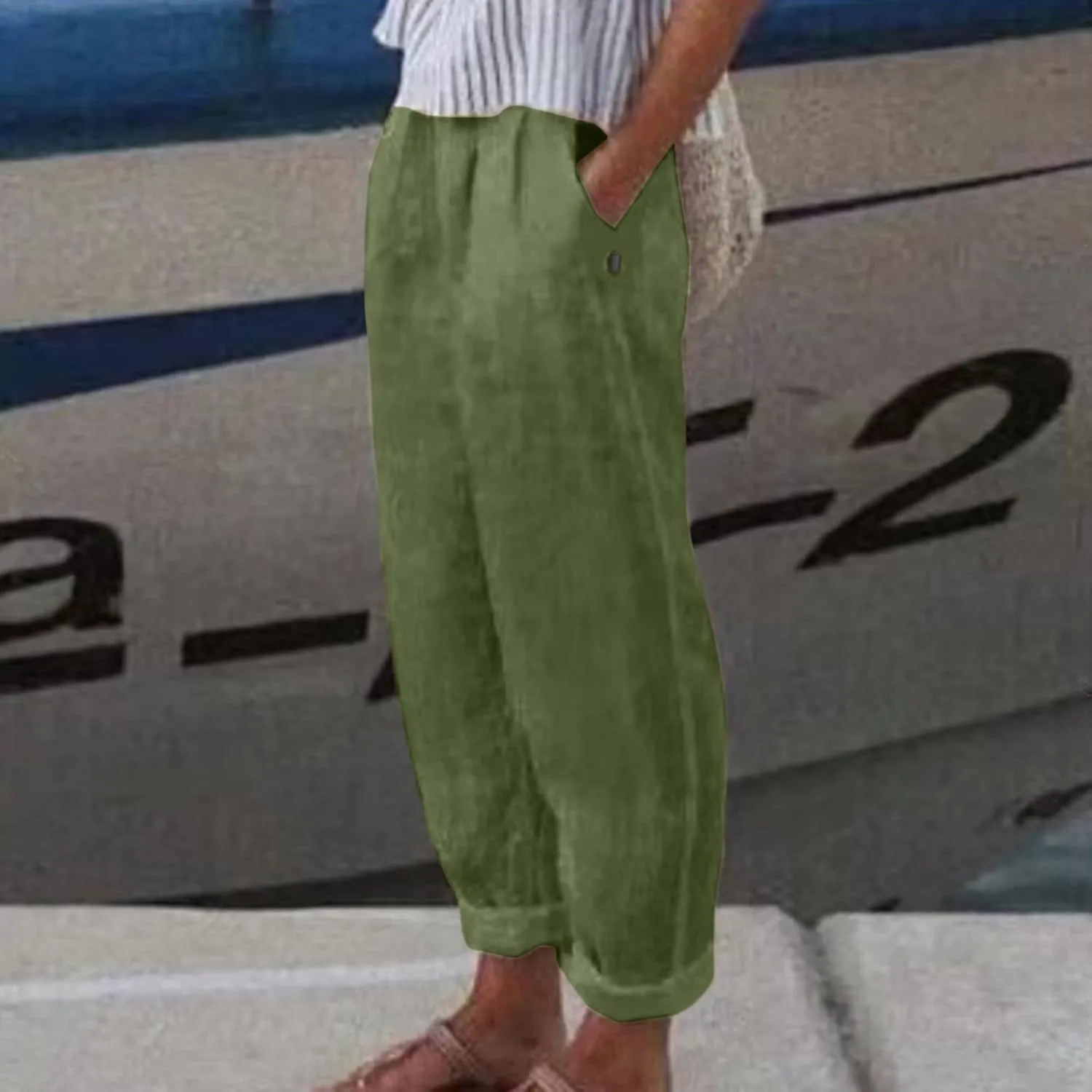 Womens Linen Blend Summer Y2K Streetwear Pants Elastic Waisted Baggy Stretchy Plus Size Trousers Beach