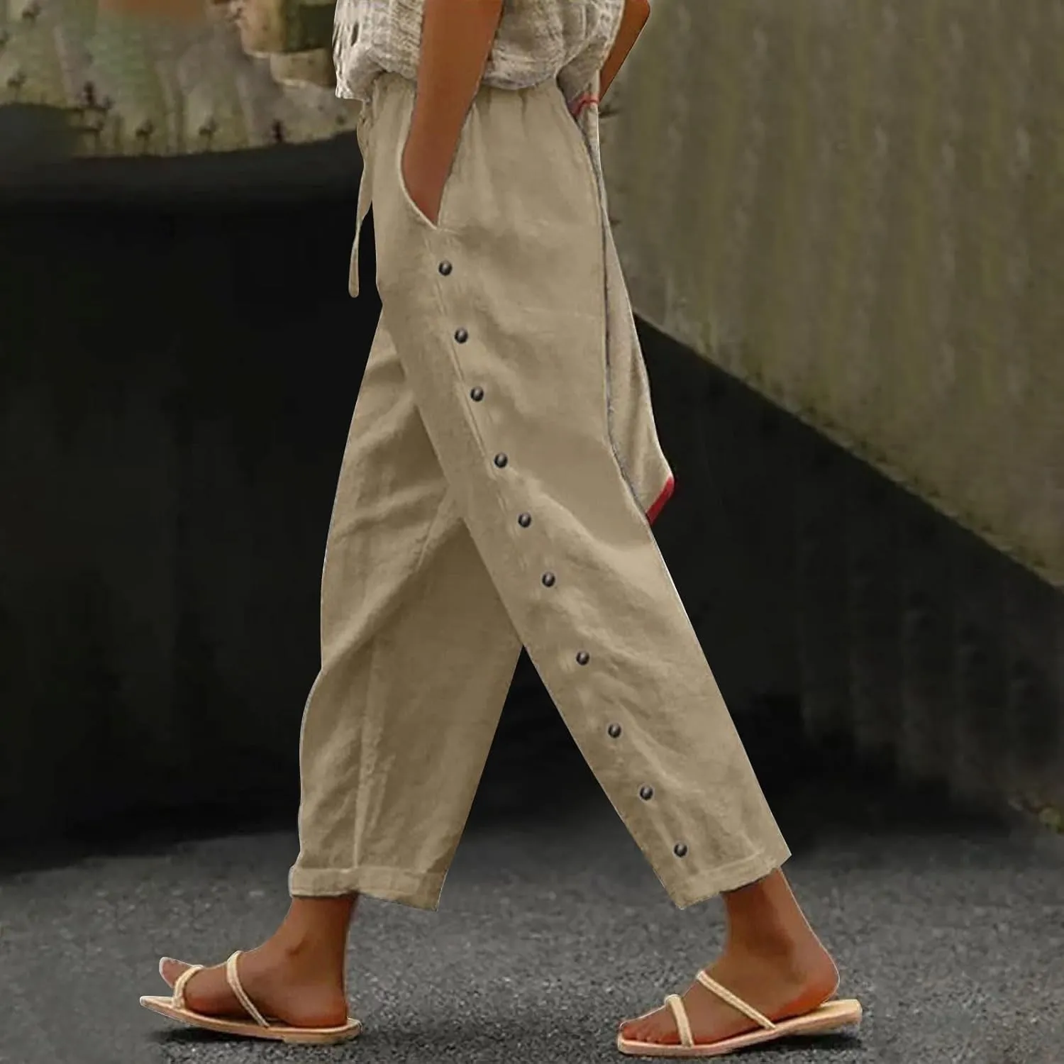 Womens Linen Capri Pants with Drawstring Petite Side Button Summer Beachwear Lightweight Elastic Waist Trousers