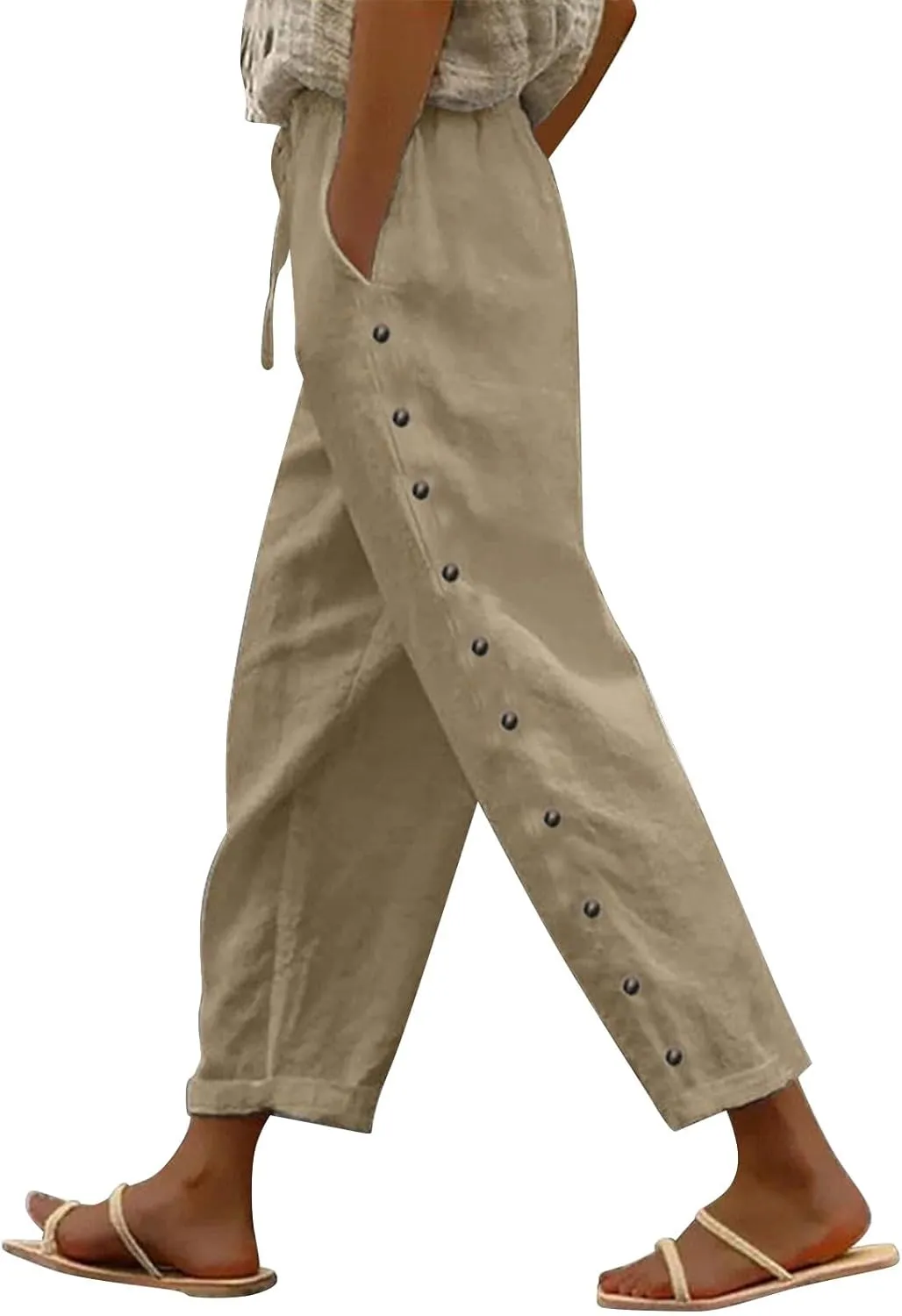Womens Linen Capri Pants with Drawstring Petite Side Button Summer Beachwear Lightweight Elastic Waist Trousers