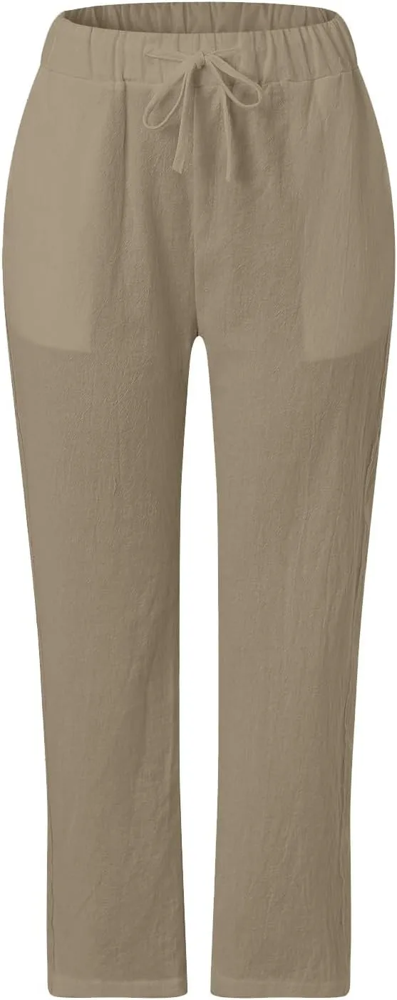 Womens Linen Capri Pants with Drawstring Petite Side Button Summer Beachwear Lightweight Elastic Waist Trousers