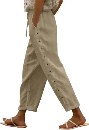 Womens Linen Capri Pants with Drawstring Petite Side Button Summer Beachwear Lightweight Elastic Waist Trousers
