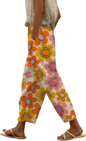 Womens Linen Cotton Pants with Pockets Loose High Waist Wide Leg Lounge Comfy Casual Lightweight Loose Trousers