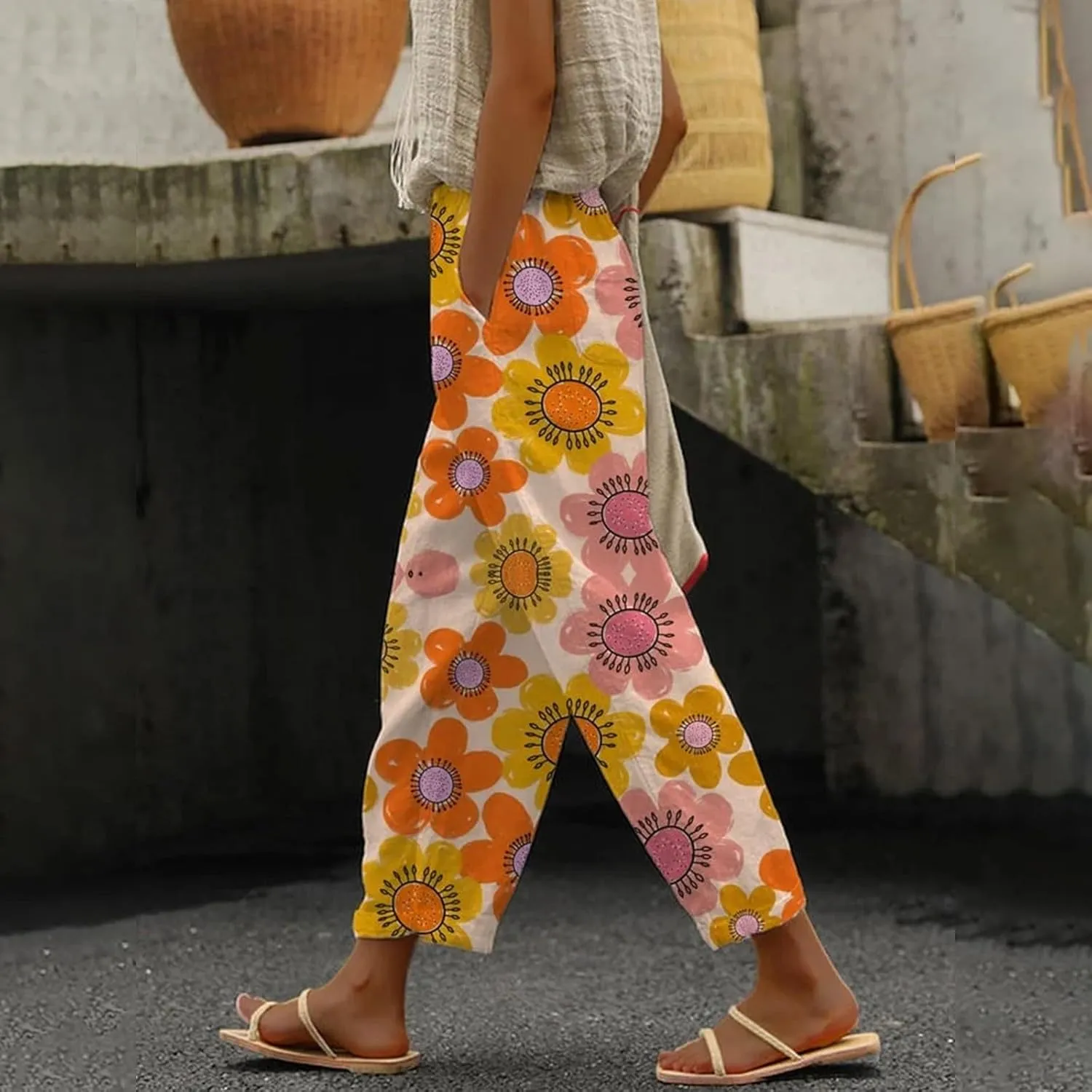 Womens Linen Cotton Pants with Pockets Loose High Waist Wide Leg Lounge Comfy Casual Lightweight Loose Trousers