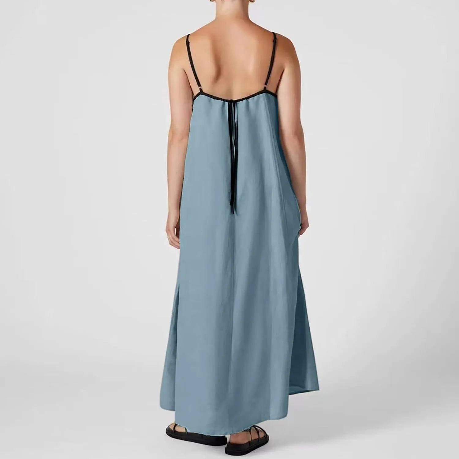 Womens Linen Maxi Dress Contrast Trim Spaghetti Straps Summer Outfits Travel Vacation Sleeveless Long Dresses