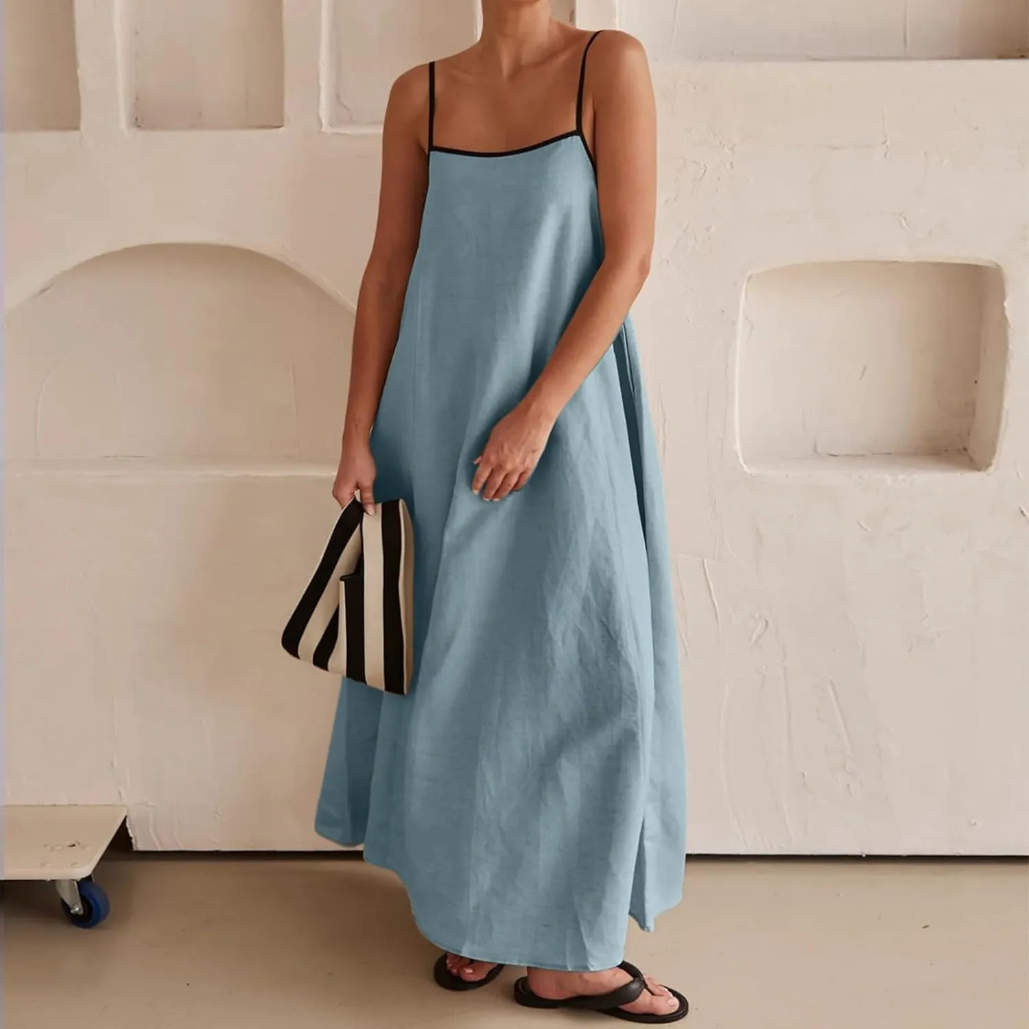 Womens Linen Maxi Dress Contrast Trim Spaghetti Straps Summer Outfits Travel Vacation Sleeveless Long Dresses