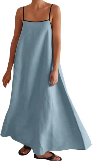 Womens Linen Maxi Dress Contrast Trim Spaghetti Straps Summer Outfits Travel Vacation Sleeveless Long Dresses