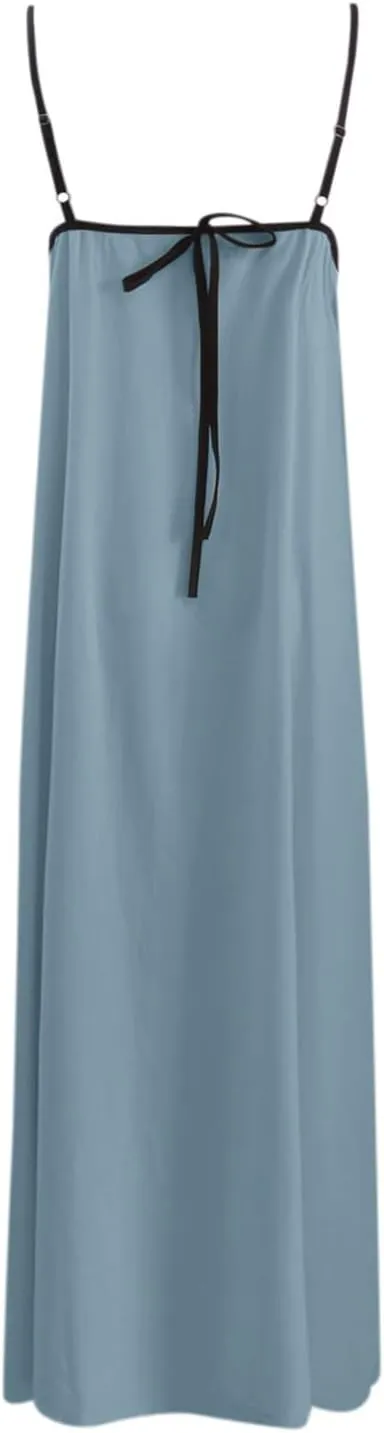 Womens Linen Maxi Dress Contrast Trim Spaghetti Straps Summer Outfits Travel Vacation Sleeveless Long Dresses