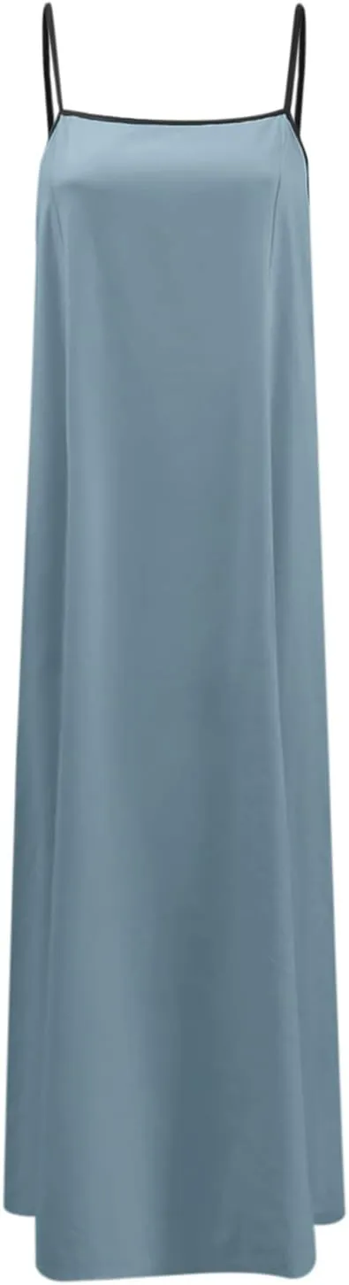 Womens Linen Maxi Dress Contrast Trim Spaghetti Straps Summer Outfits Travel Vacation Sleeveless Long Dresses