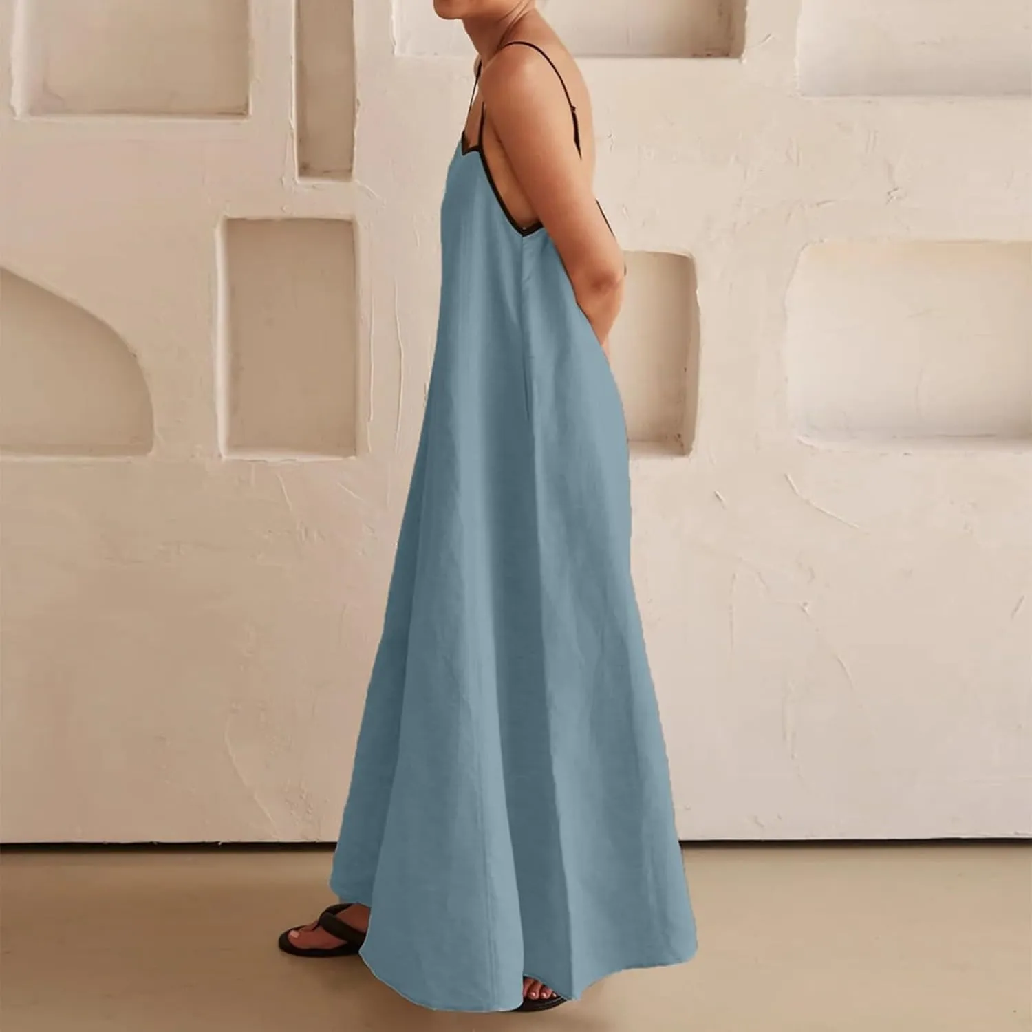 Womens Linen Maxi Dress Contrast Trim Spaghetti Straps Summer Outfits Travel Vacation Sleeveless Long Dresses