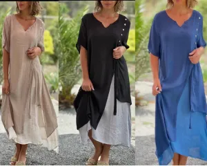 Womens Linen Maxi Dresses Half Sleeve V Neck Irregular Hem Boho Fake Two Piece Split Flowy Casual Shirt Dress