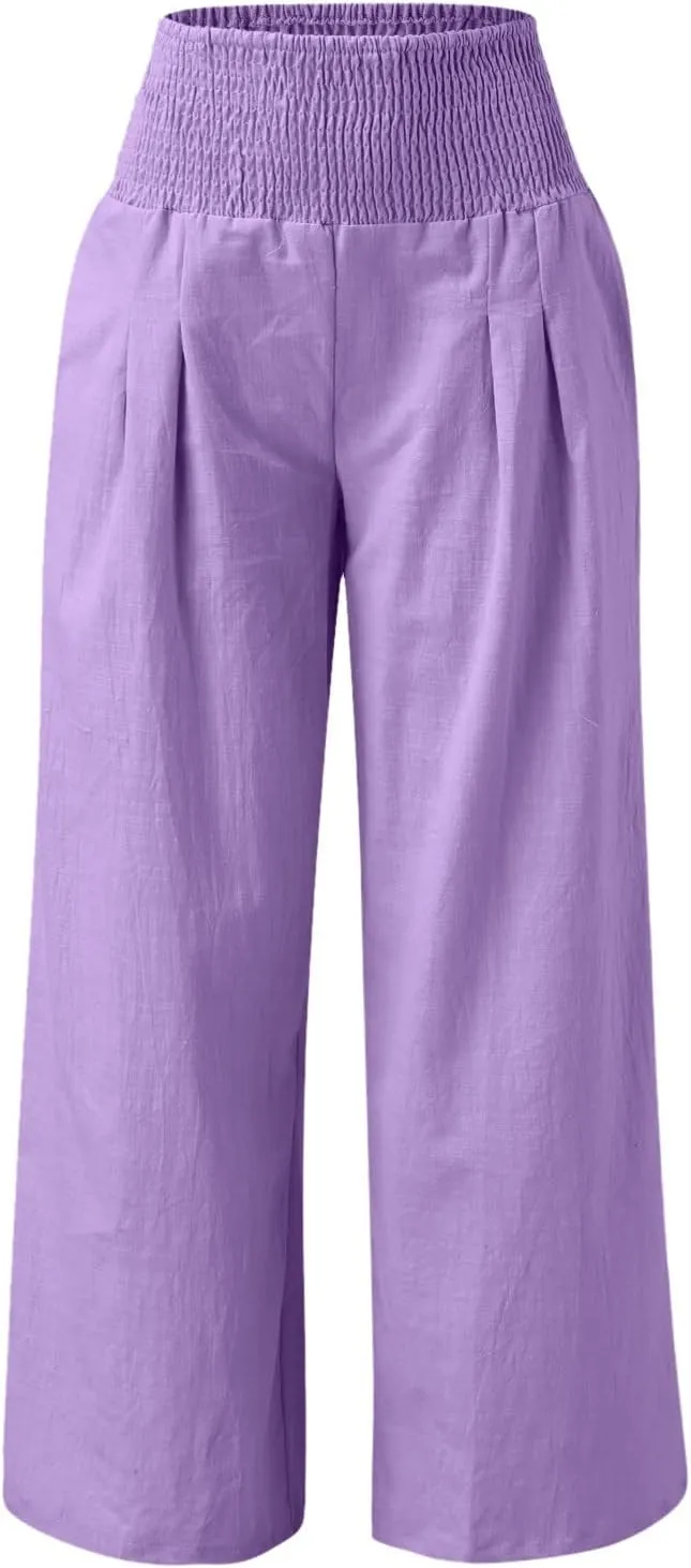 Women's Linen Palazzo Pants Women Smocked Elastic Waist High Waist Loose Comfy Casual Pants with Pockets 2025 Beach