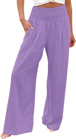 Women's Linen Palazzo Pants Women Smocked Elastic Waist High Waist Loose Comfy Casual Pants with Pockets 2025 Beach